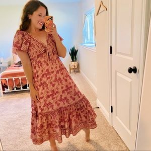 Cleobella Pink Floral Metallic Smocked Maxi Dress Large